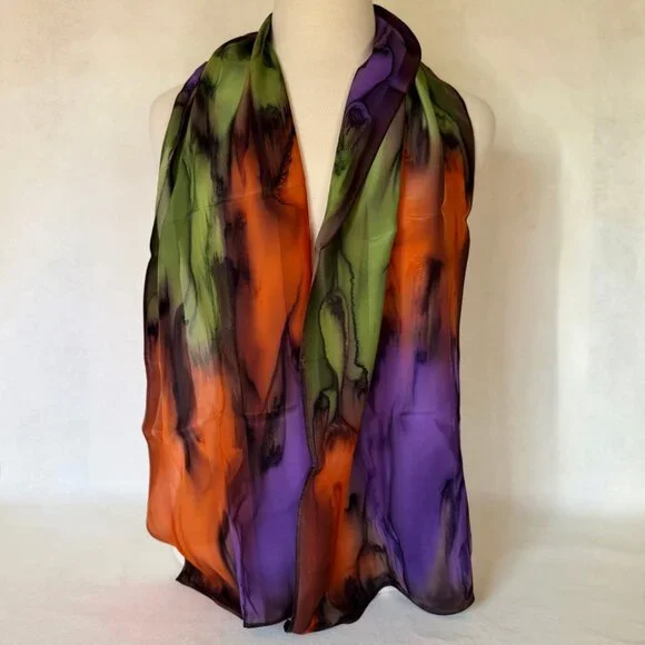 Hand Painted Silk Scarf Purple Green Orange Rectangle Unique Head Neck Wrap New - Picture 3 of 5